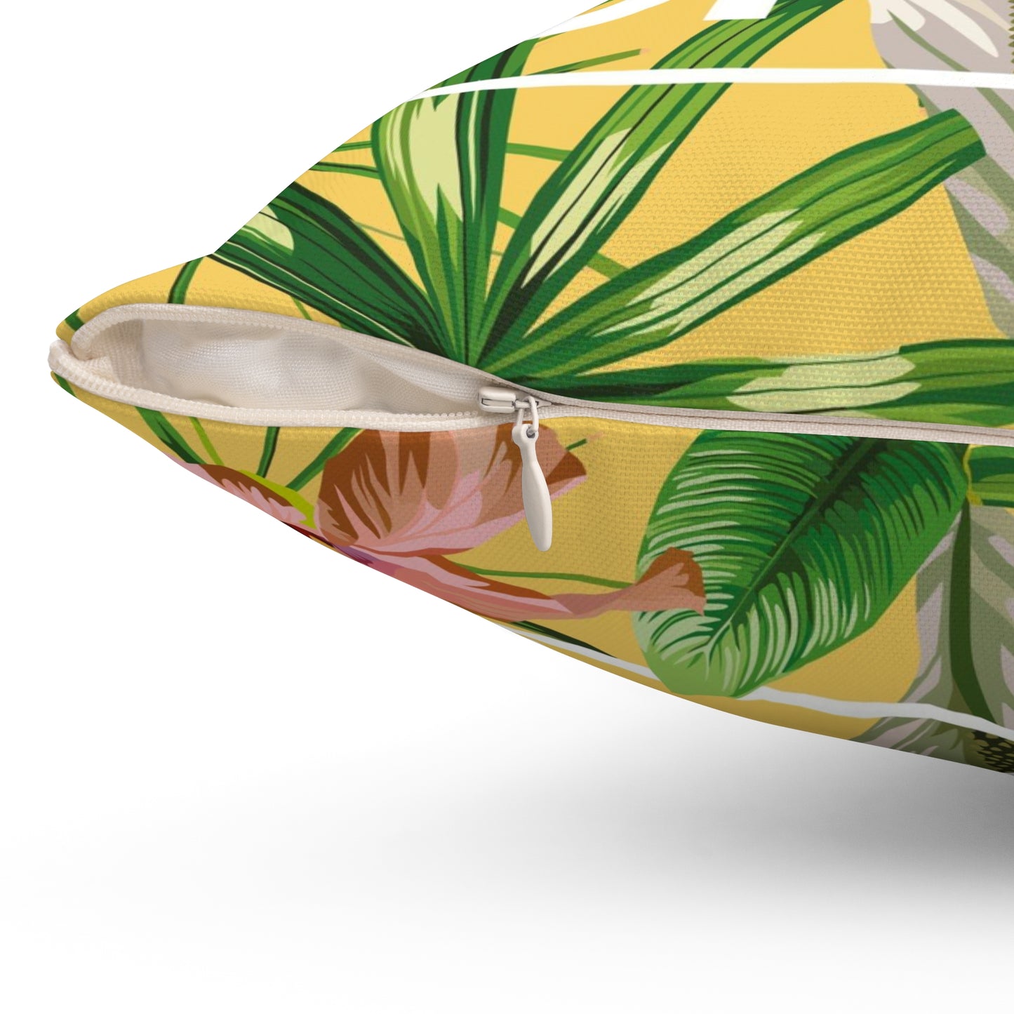Almohada cuadrada de poliéster hilado - Flores del paraíso Hojas Amarillas