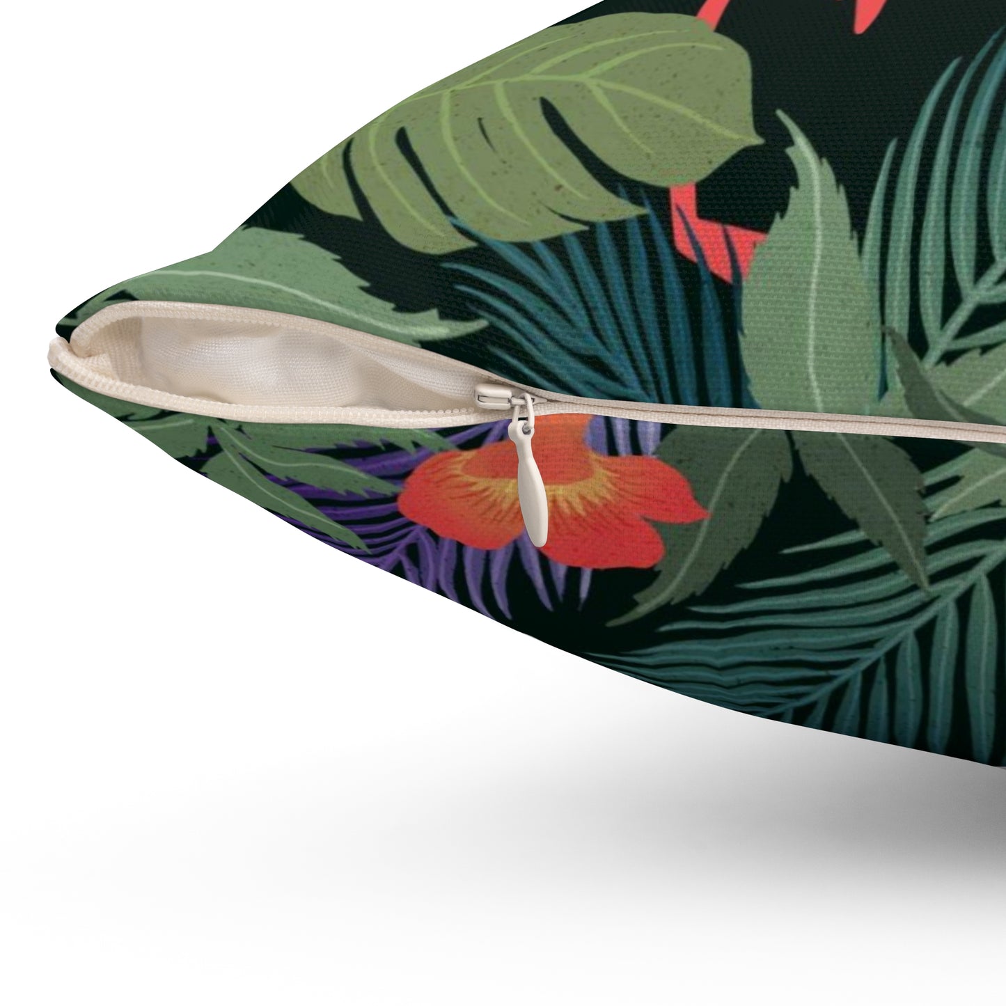 Almohada cuadrada de poliéster hilado - Verano tropical con flamencos
