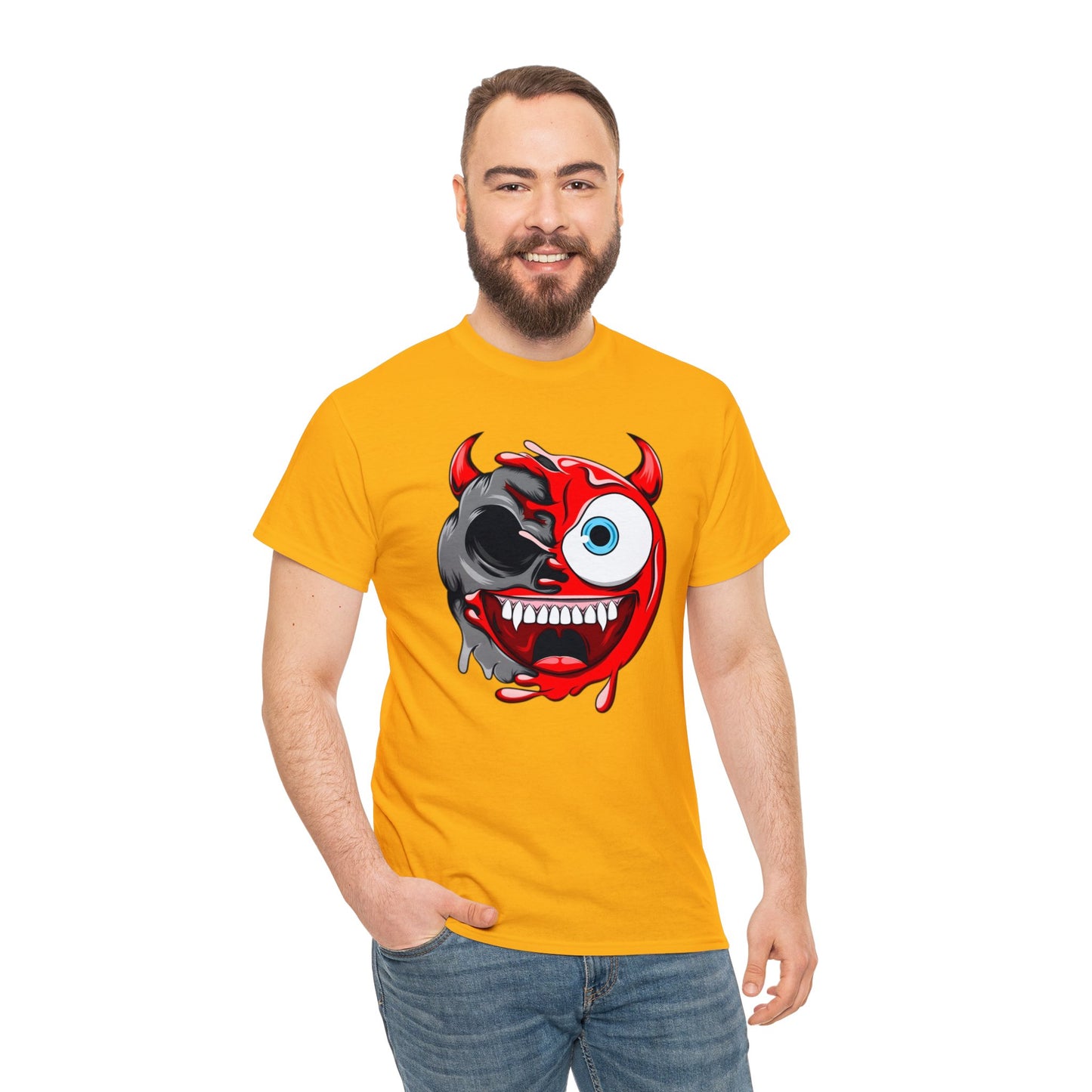 Camiseta unisex de algodón pesado - Expresión confusa con cara de diablo