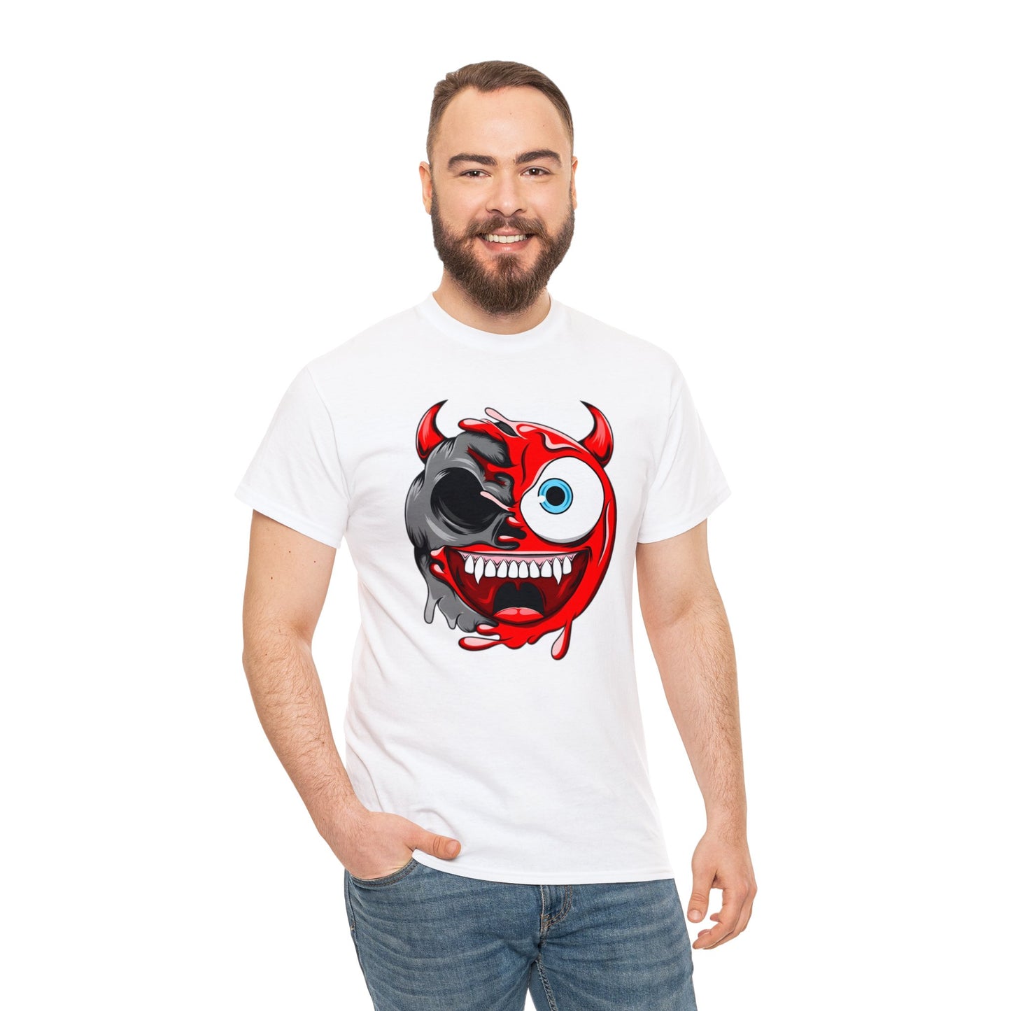 Camiseta unisex de algodón pesado - Expresión confusa con cara de diablo