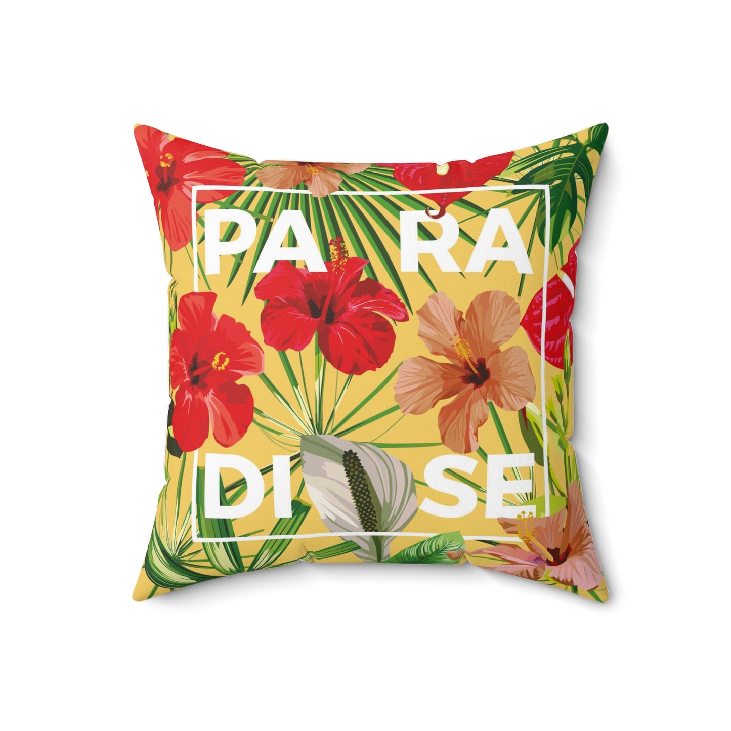 Almohada cuadrada de poliéster hilado - Flores del paraíso Hojas Amarillas