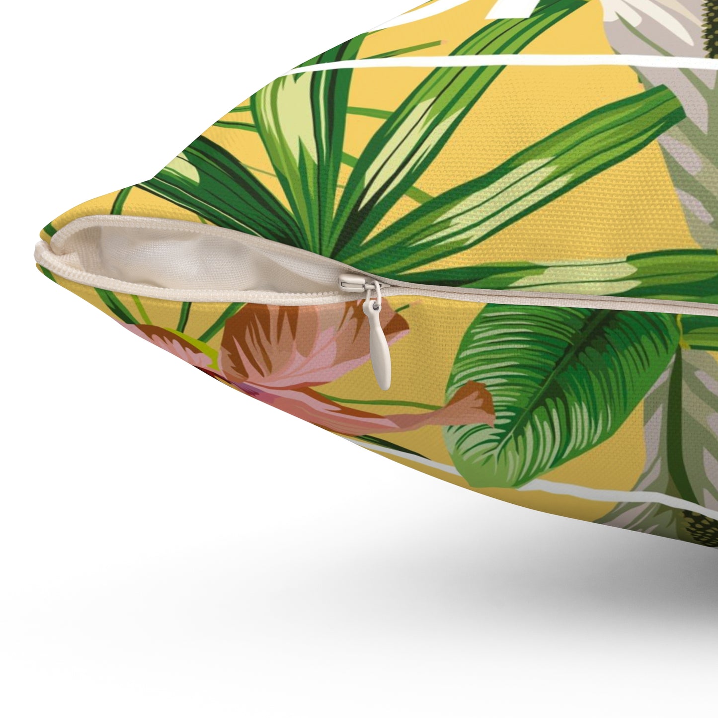 Almohada cuadrada de poliéster hilado - Flores del paraíso Hojas Amarillas
