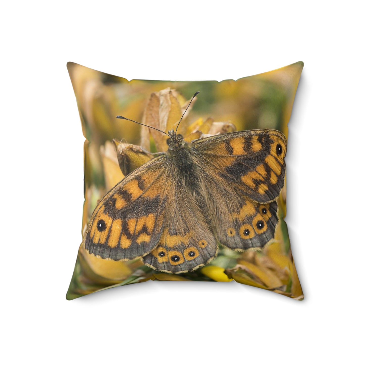 Almohada cuadrada de poliéster hilado - Mariposa marrón, blanca y negra