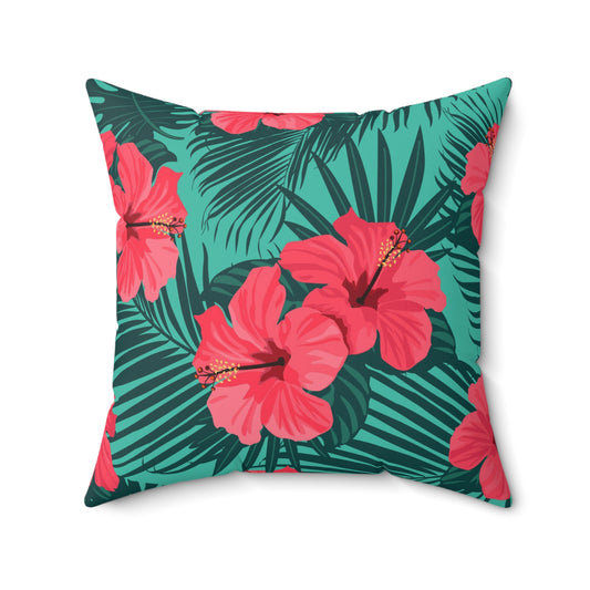Almohada cuadrada de poliéster hilado - Flores tropicales sin costuras