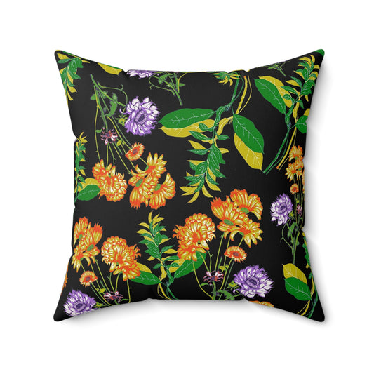 Almohada cuadrada de poliéster hilado - Flores amarillas y moradas