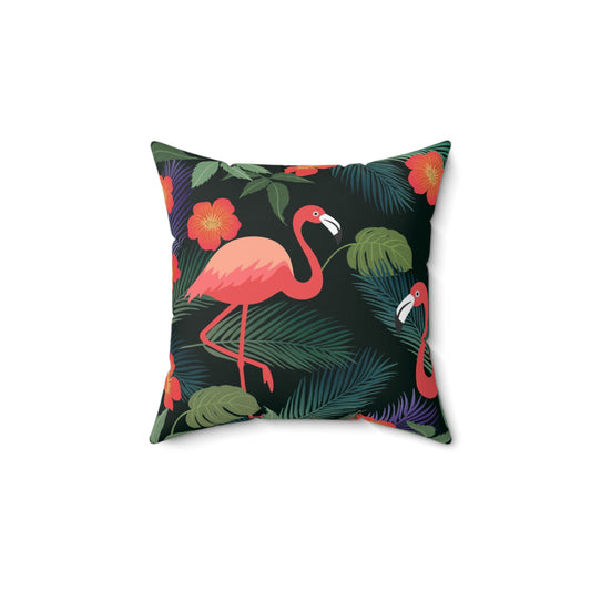 Almohada cuadrada de poliéster hilado - Verano tropical con flamencos
