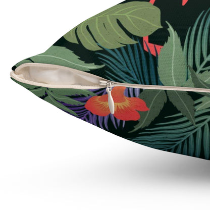 Almohada cuadrada de poliéster hilado - Verano tropical con flamencos