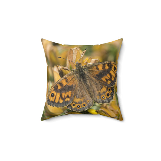 Almohada cuadrada de poliéster hilado - Mariposa marrón, blanca y negra