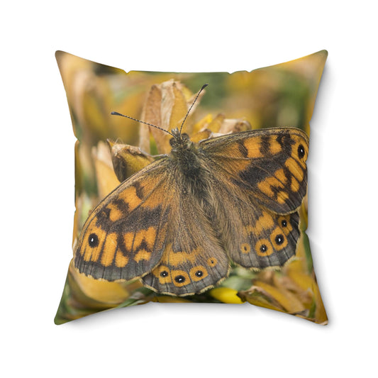 Almohada cuadrada de poliéster hilado - Mariposa marrón, blanca y negra