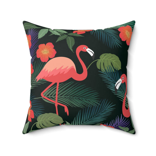 Almohada cuadrada de poliéster hilado - Verano tropical con flamencos