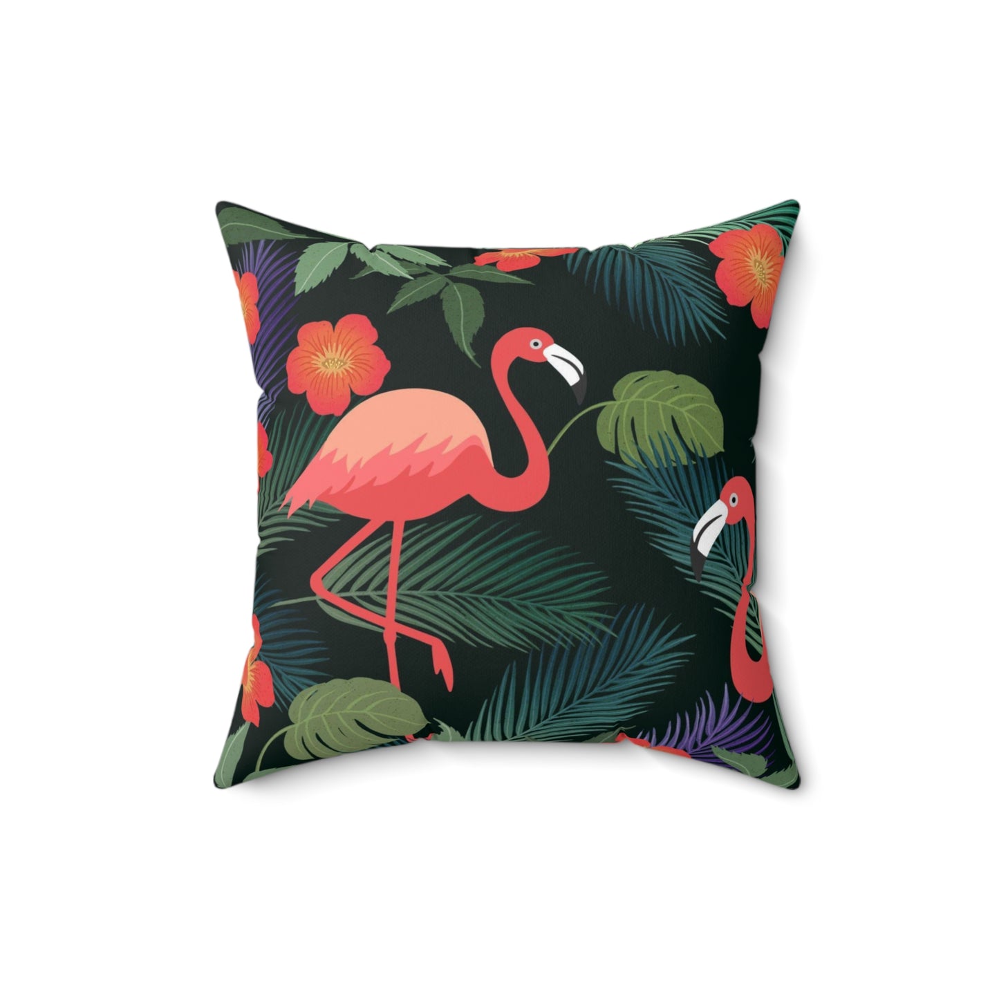 Almohada cuadrada de poliéster hilado - Verano tropical con flamencos