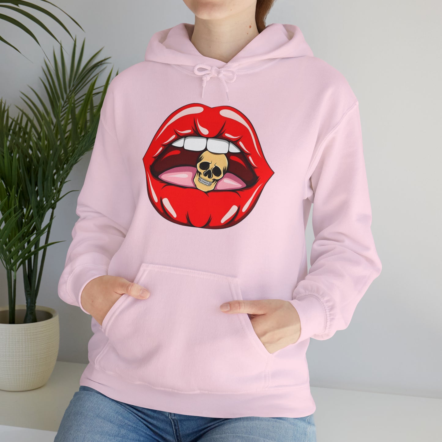 Sudadera con capucha unisex Heavy Blend™ - Labios sexys mordiendo la cabeza calavera