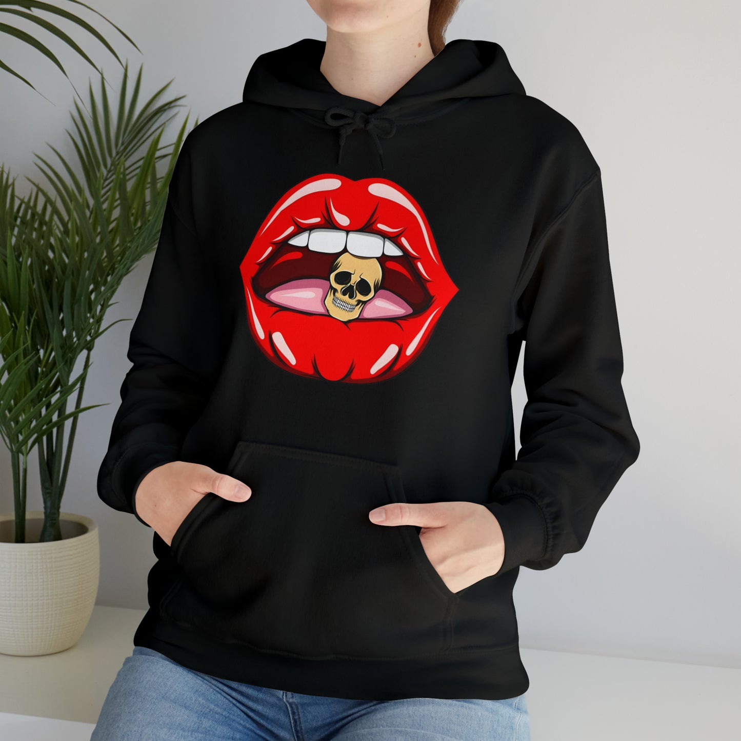 Sudadera con capucha unisex Heavy Blend™ - Labios sexys mordiendo la cabeza calavera