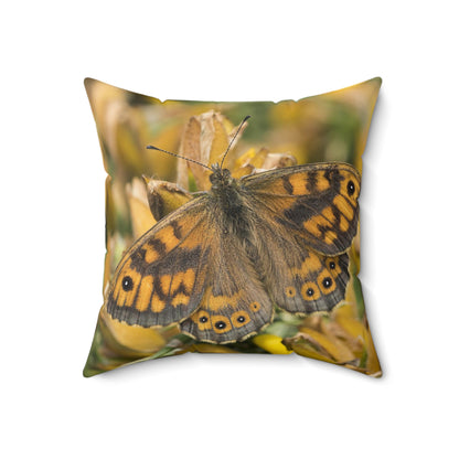 Almohada cuadrada de poliéster hilado - Mariposa marrón, blanca y negra